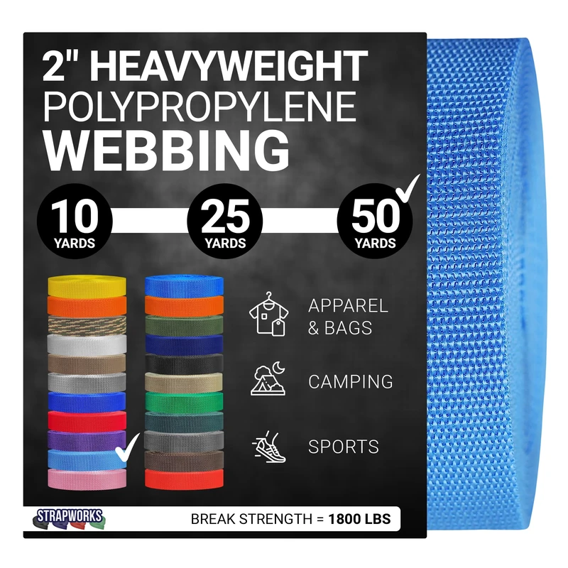 Strapworks Heavyweight Polypropylene Webbing - Heavy Duty Poly Strapping for Outdoor DIY Gear Repair, 2 Inch x 50 Yards - Powder Blue