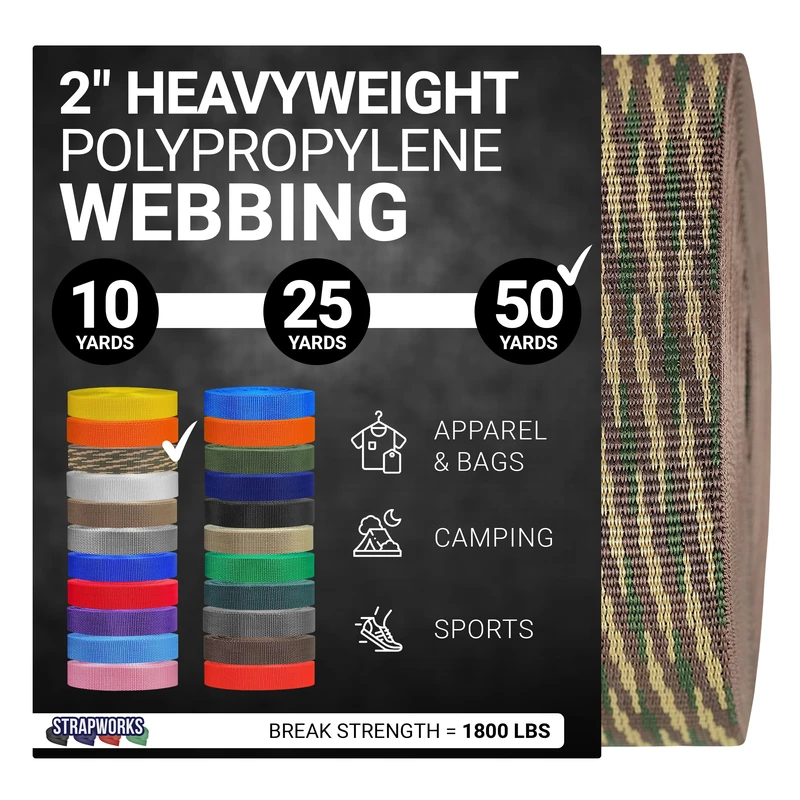 Strapworks Heavyweight Polypropylene Webbing - Heavy Duty Poly Strapping for Outdoor DIY Gear Repair, 2 Inch x 50 Yards - Woodland Camo
