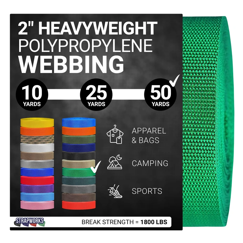 Strapworks Heavyweight Polypropylene Webbing - Heavy Duty Poly Strapping for Outdoor DIY Gear Repair, 2 Inch x 50 Yards - Kelly Green