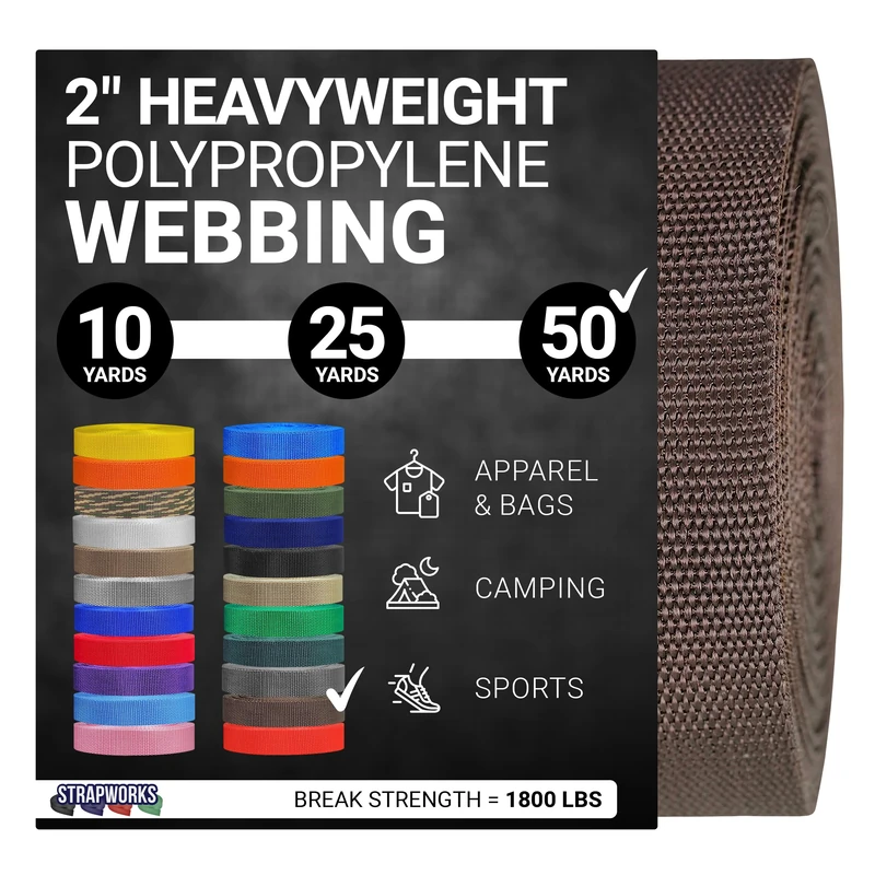 Strapworks Heavyweight Polypropylene Webbing - Heavy Duty Poly Strapping for Outdoor DIY Gear Repair, 2 Inch x 50 Yards - Brown