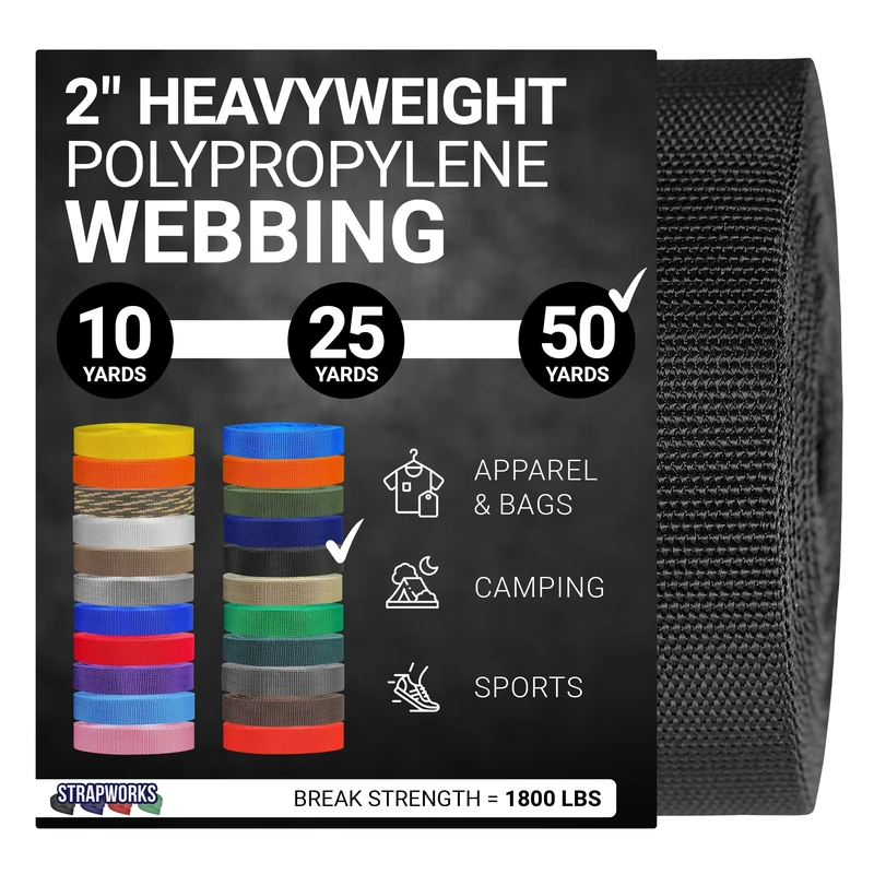 Strapworks Heavyweight Polypropylene Webbing - Heavy Duty Poly Strapping for Outdoor DIY Gear Repair, 2 Inch x 50 Yards - Black