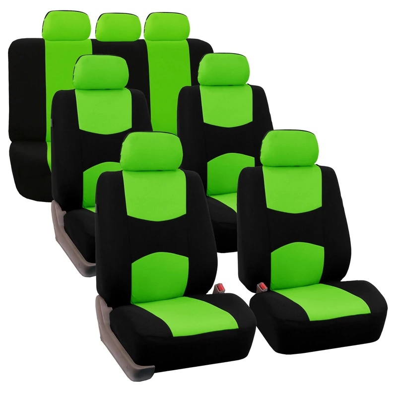 FH GROUP FH-FB050217 Three Row Set Flat Cloth Car Seat Covers (4 Bucket Covers, 1 Solid Bench Cover), Green/Black Color - Fit Most Car, Truck, Suv, or Van