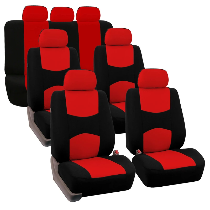 FH GROUP FH-FB050217 Three Row Set Flat Cloth Car Seat Covers (4 Bucket Covers, 1 Solid Bench Cover), Red/Black Color- Fit Most Car, Truck, Suv, or Van