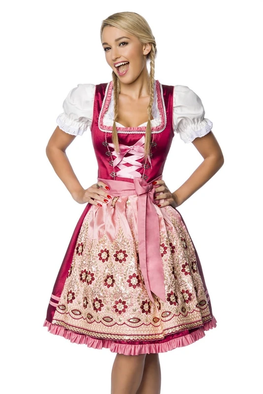 Premium Designer Dirndl with Apron Dress Dirndl Dress Oktoberfest Costume Dress Border Ruffle Flowers Sequins Beads Blue Pink XS - 3XL, Pink/red, XS