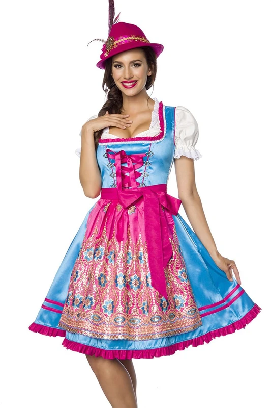 Dirndline Women's Premium Dirndl Special Occasion Dress, Blau/Pink, 2XL