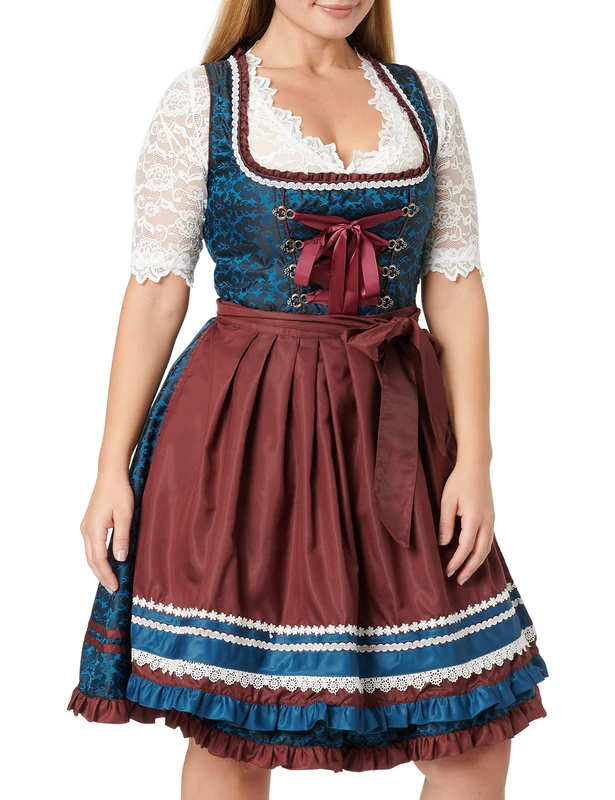 Premium Designer Dirndl with Apron Dress Dirndl Dress Oktoberfest Costume Dress Border Ruffle Flowers Sequins Beads Blue Pink XS - 3XL, Blue/Dark Red, XS