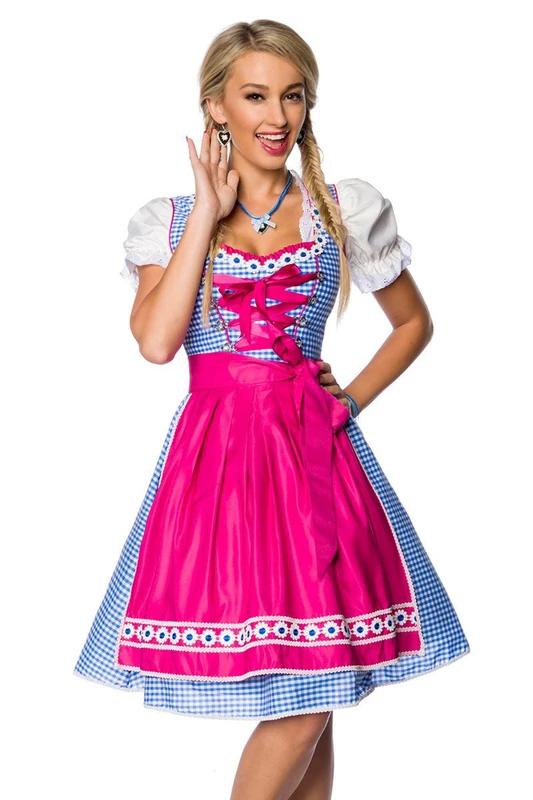 Dirndline Women's Traditional Chequered Dirndl Dress for Special Occasions, Pink/Blue/White, XL