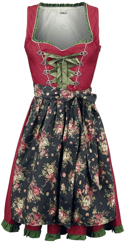 Luxury Designer Dirndl with Apron Dress Oktoberfest Costume Dress Lace Denim Floral Print Piping Ruffles, red/Green, 3XL