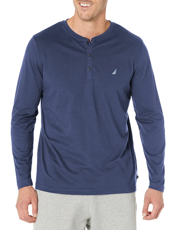 Nautica Men's Long Sleeve Henley Pajama Top Bottoms, Indigo, Medium
