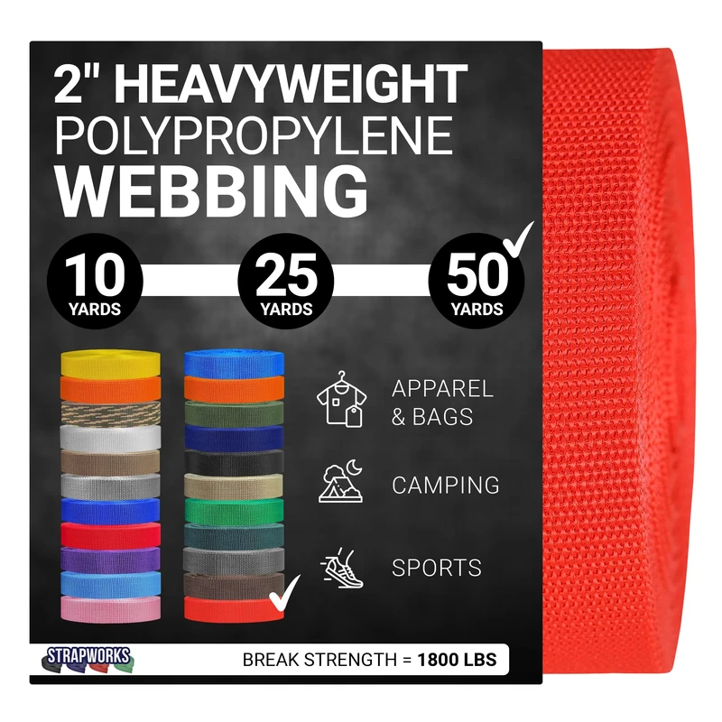 Strapworks Heavyweight Polypropylene Webbing - Heavy Duty Poly Strapping for Outdoor DIY Gear Repair, 2 Inch x 50 Yards - Blood Orange