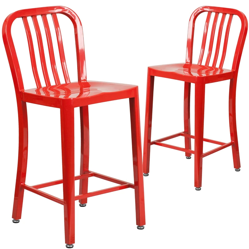 Flash Furniture High Indoor-Outdoor Counter Height Stool with Vertical Slat Back, Metal, Red, 121.92 x 60.96 x 43.18 cm