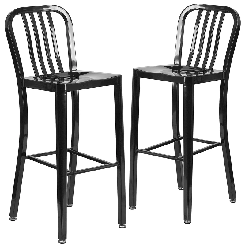 Flash Furniture Commercial Grade 2 Pack 30" High Black Metal Indoor-Outdoor Barstool with Vertical Slat Back