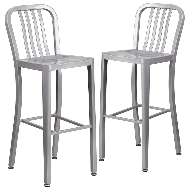 Flash Furniture Commercial Grade 2 Pack 30" High Silver Metal Indoor-Outdoor Barstool with Vertical Slat Back