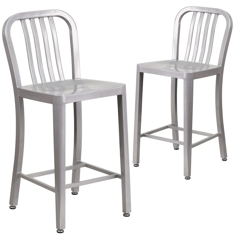 Flash Furniture Commercial Grade 2 Pack 24" High Silver Metal Indoor-Outdoor Counter Height Stool with Vertical Slat Back