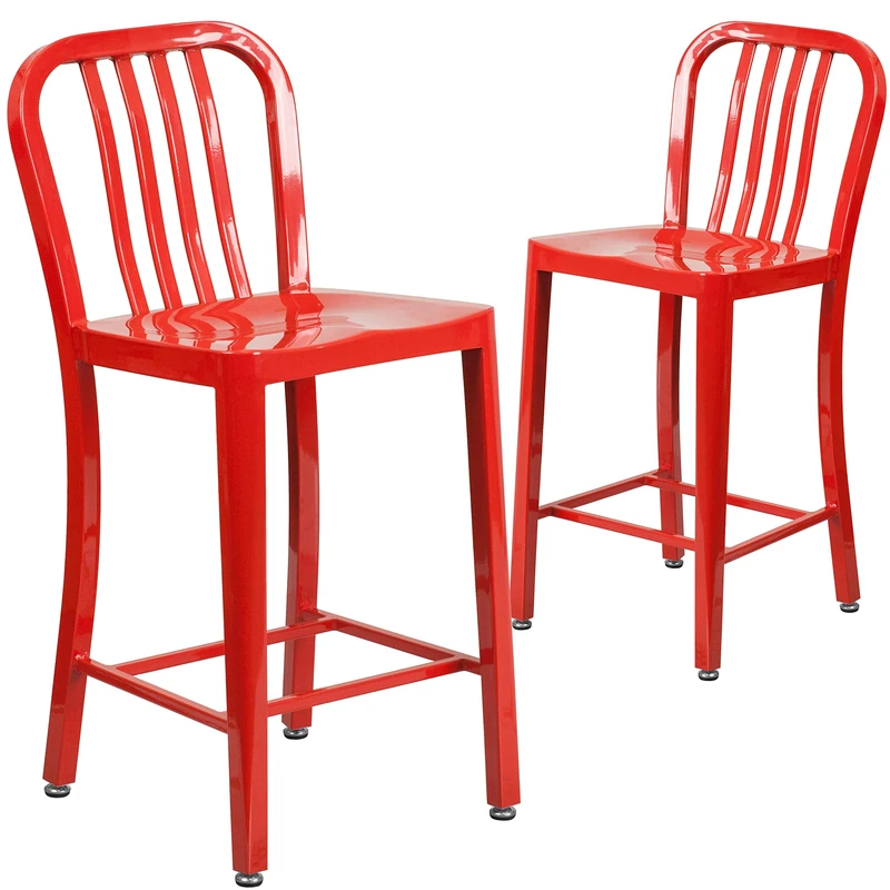 Flash Furniture Commercial Grade 2 Pack 24" High Red Metal Indoor-Outdoor Counter Height Stool with Vertical Slat Back