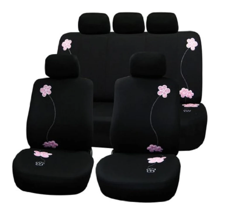 FH GROUP FH-FB053115 Floral Embroidery Design Full Set Seat Covers Black Color (Airbag compatible & Split) W. FH1133 E-Z Travel Car Tissue Dispenser Case- Fit Most Car, Truck, Suv, or Van