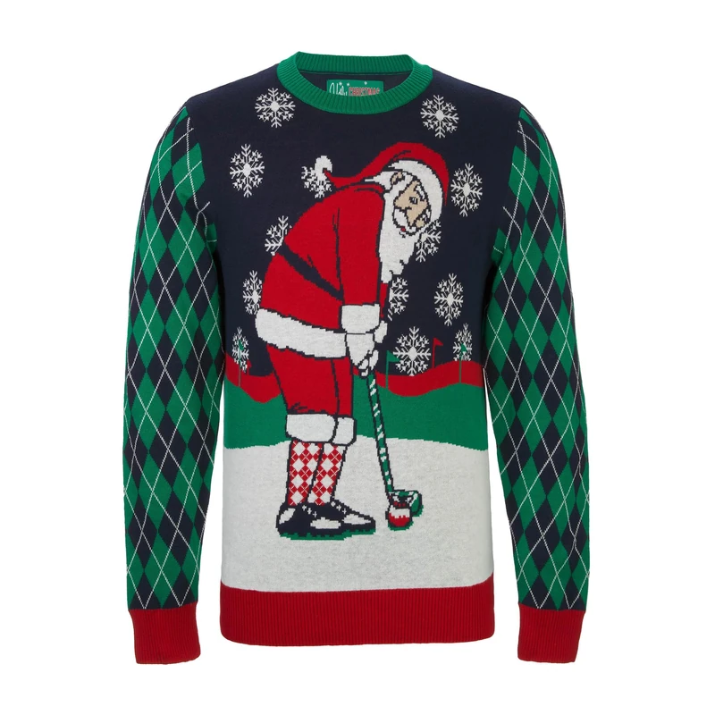 Ugly Christmas Sweater Company Men's Assorted Santa Crew Neck Xmas Sweaters, Moonlight Winter Golf Santa, Large - Image 1