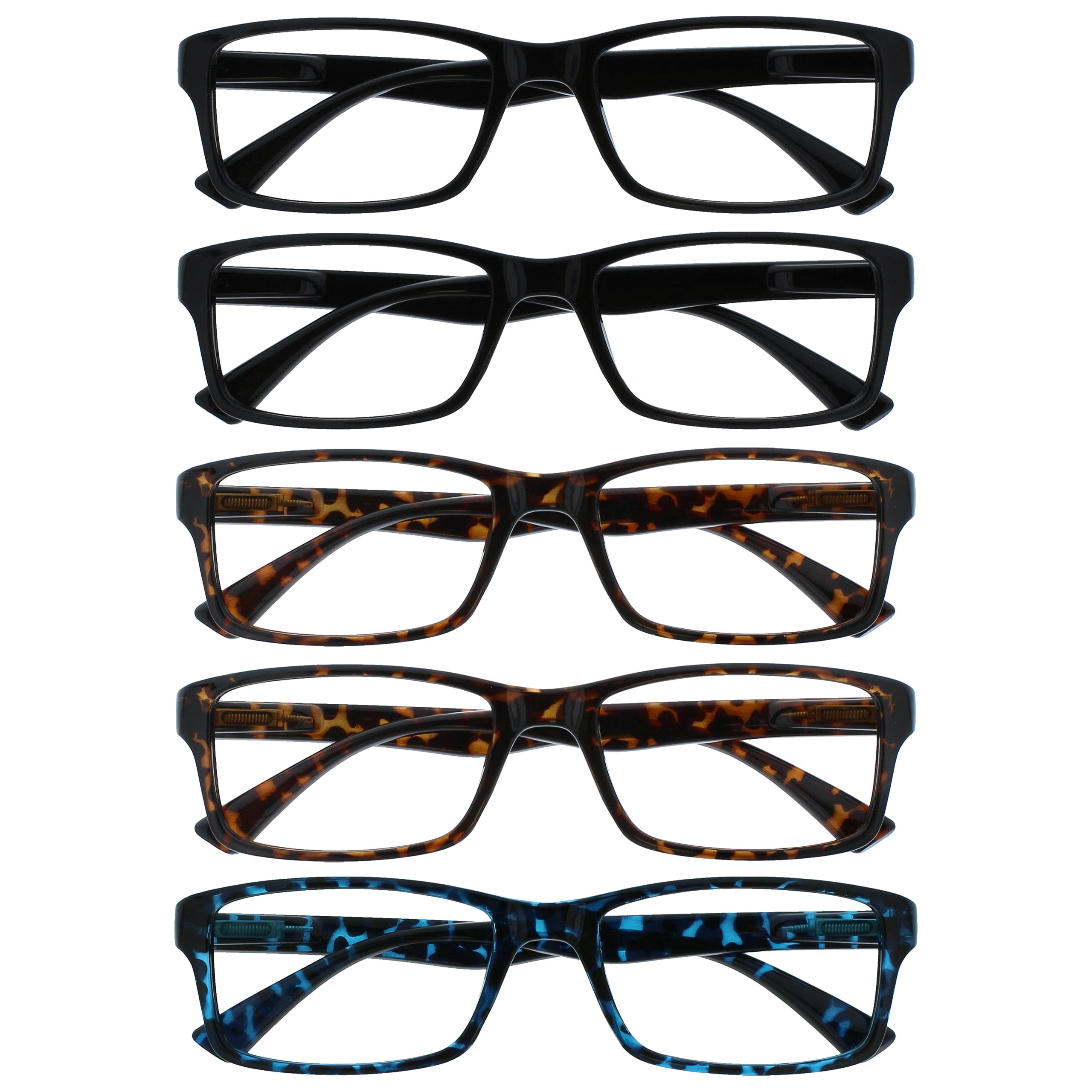OPULIZE PEP Reading Glasses for Women Men, Large Rectangular Designer Frame with Spring Hinges, Scratch Resistant, Black, Brown, Blue +1 (Pack of 5)