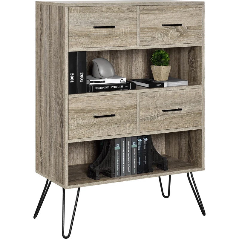 Ameriwood Landon Bookcase with Bins Grey Oak Look