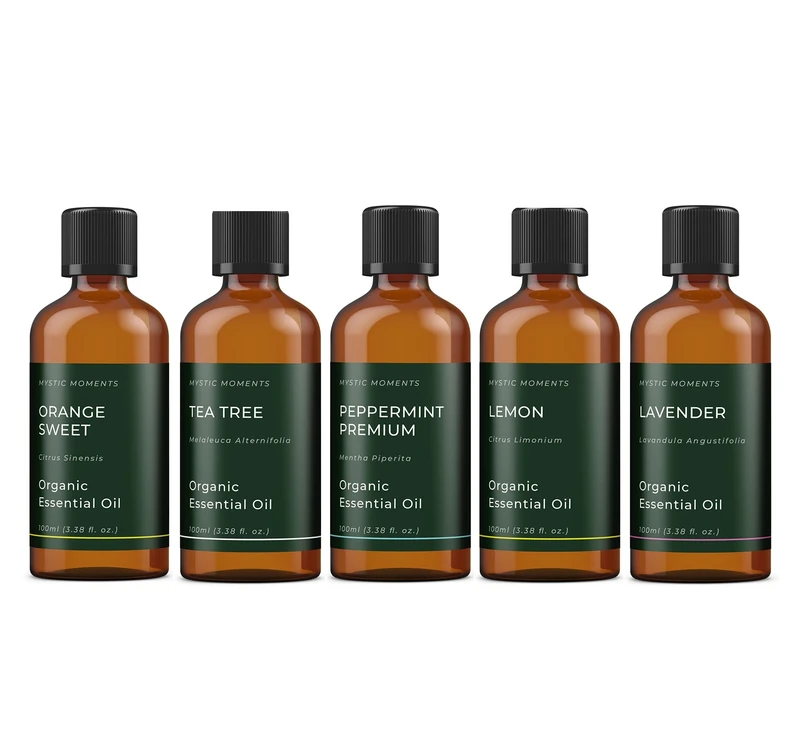 Mystic Moments | Favourite Organic Essential Oil Gift Starter Pack 5x100ml | Lavender, Lemon, Orange Sweet, Peppermint Premium & Tea Tree | Perfect as a Gift
