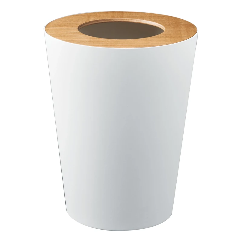 Yamazaki 3198 RIN Trash Can Round, white, Steel/Wood, Minimalist, 23 x 23 x 28 cm