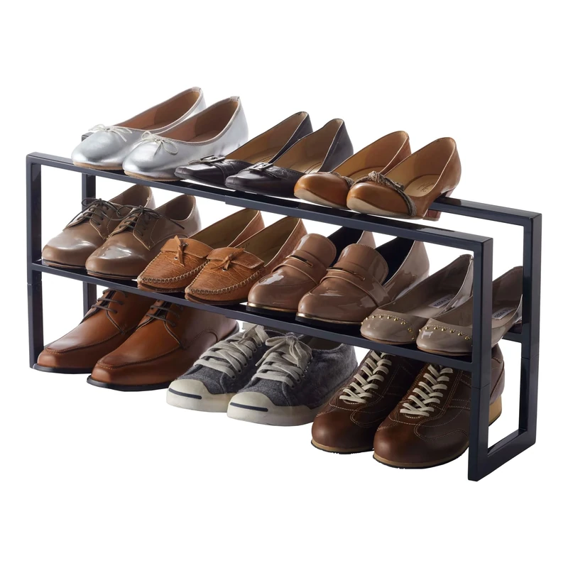 Yamazaki 3191 LINE 2-Tiered Extendable Shoe Rack, black, Steel, Minimalist, 38 x 15 x 30 cm