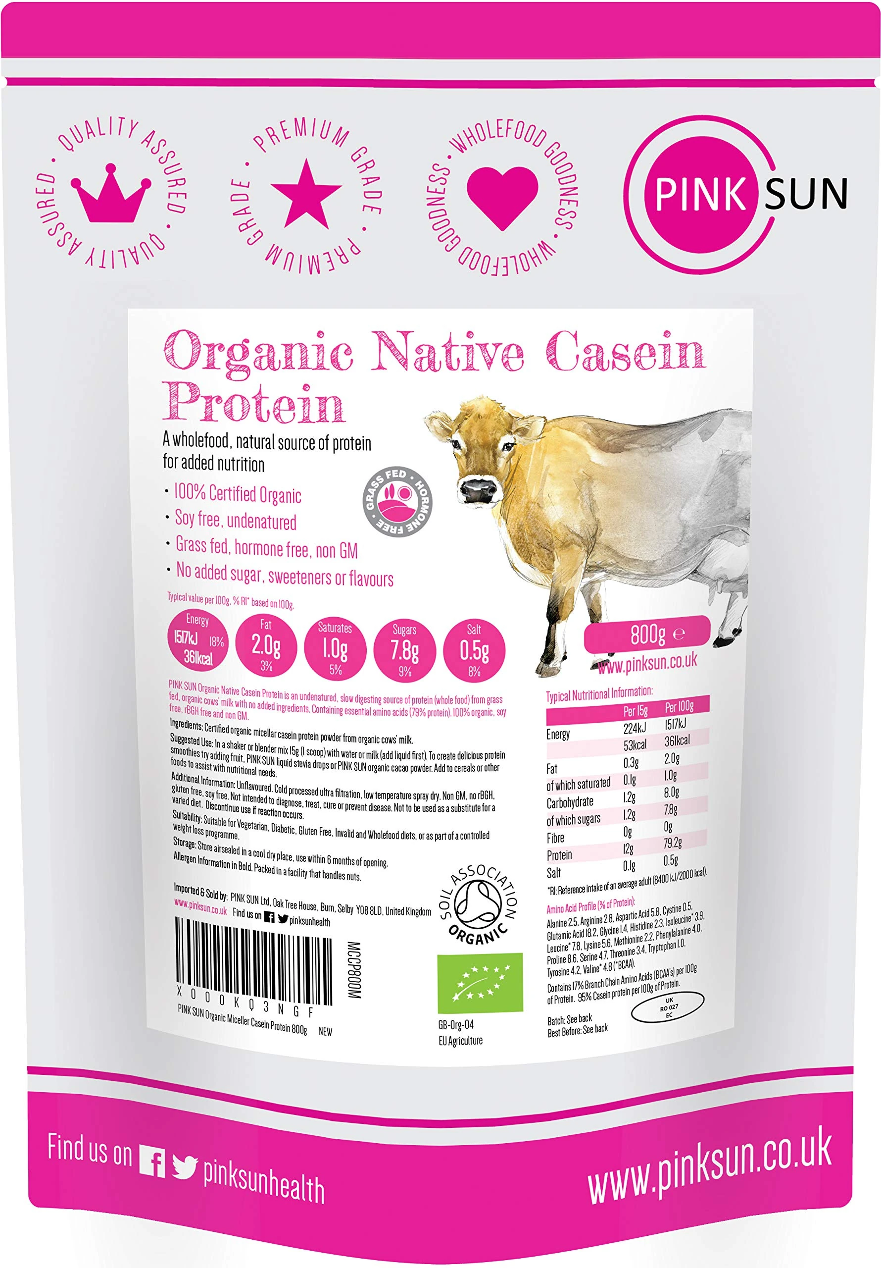 PINK SUN Organic Casein Protein Powder 800g Pure Native Micellar Grass Fed Soy Free Gluten Free Unflavoured Vegetarian No Added Sugar Unsweetened Undenatured Certified Bio UK