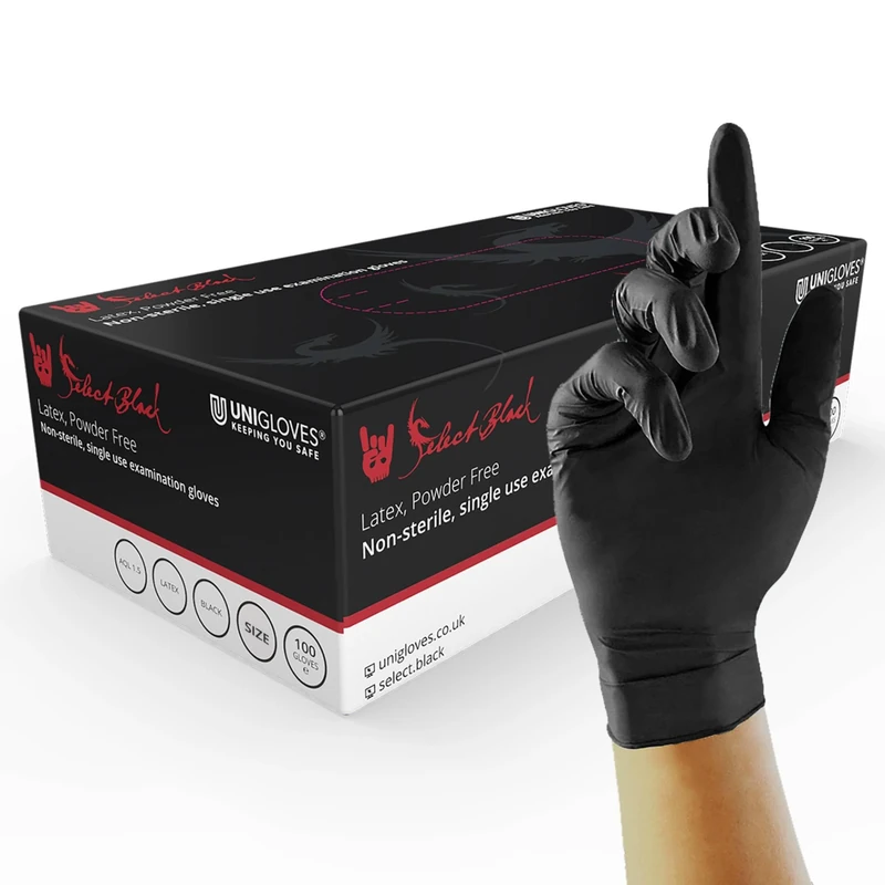 Unigloves Select Black Latex Gloves - Powder Free Disposable Gloves for Beauty, Piercing and Tattoo Artists - Box of 100 Gloves, Black, Extra Small (GT0021)