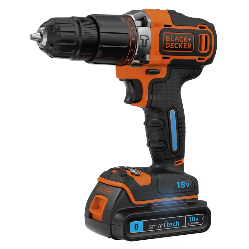 Black + Decker bdchd18kst-qw Hammer Drill Driver, 18 V Lithium Battery, 1.5 Ah, Smart Tech Technology, Orange/Black, Orange, BDCHD18KST-QW, 18 voltsV