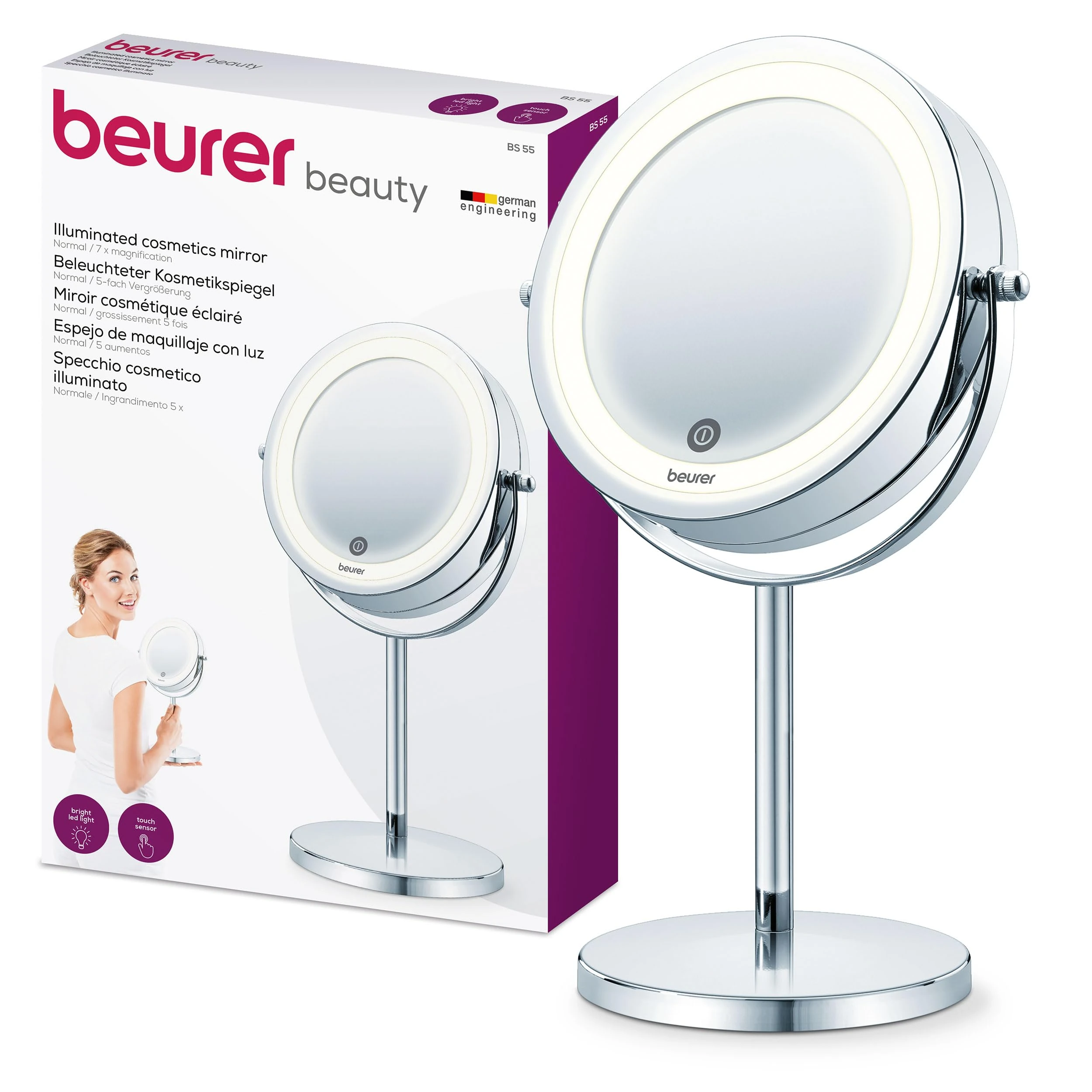 Beurer BS 55 Makeup Mirror with Light, Bright LED Light (18 LEDs), Pivoting Mirror, Touch Sensor On, 1 Side with Normal View, 1 Side with Magnification View (x7), Chrome Finishes,20.5 x 31.5 x 13.4 cm