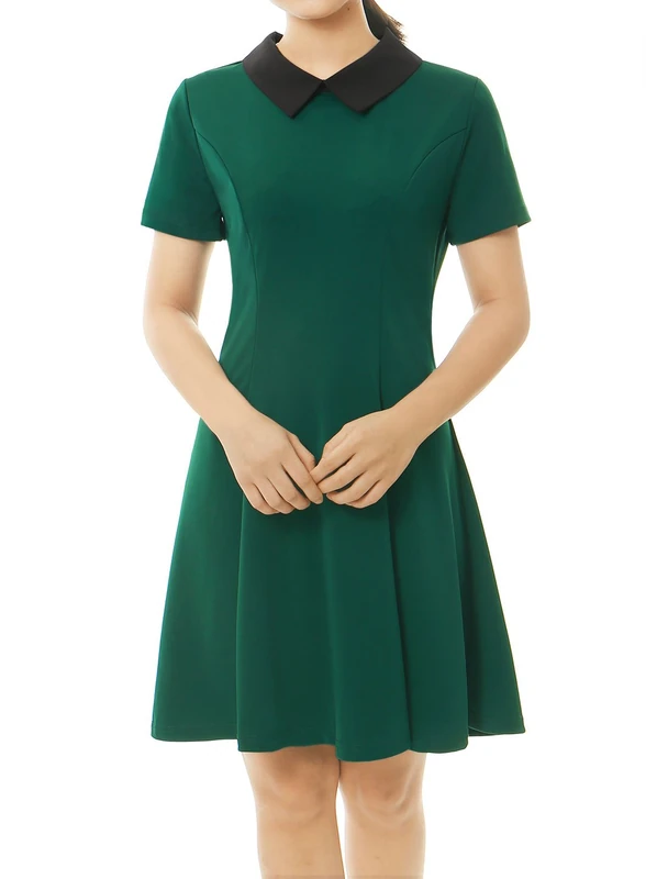 Allegra K Women's Peter Pan Dresses Contrast Doll Collar Short Sleeves Above Knee Flare Dress Green S