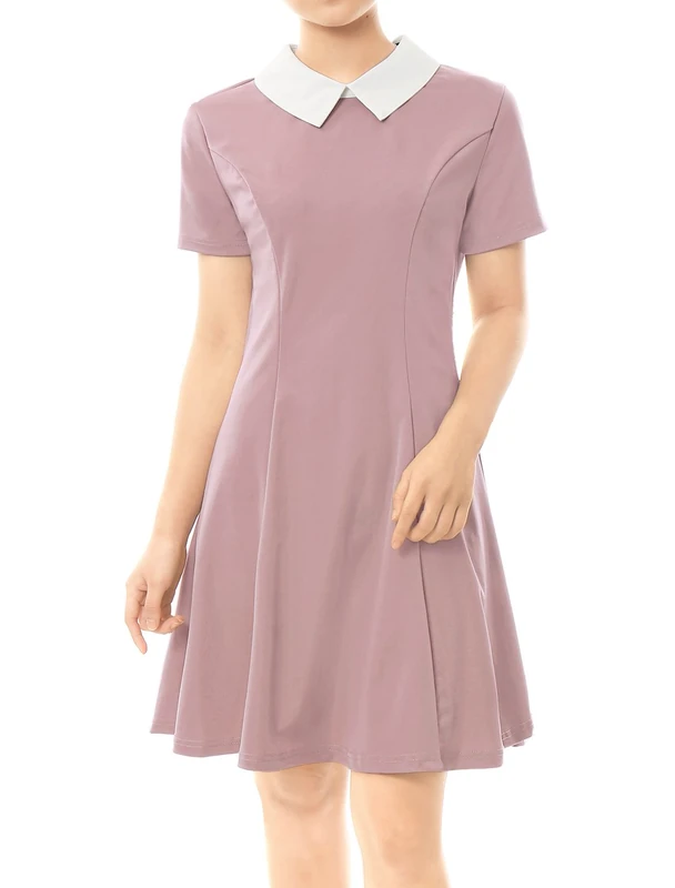 Allegra K Women's Peter Pan Dresses Contrast Doll Collar Short Sleeves Above Knee Flare Dress Pink M