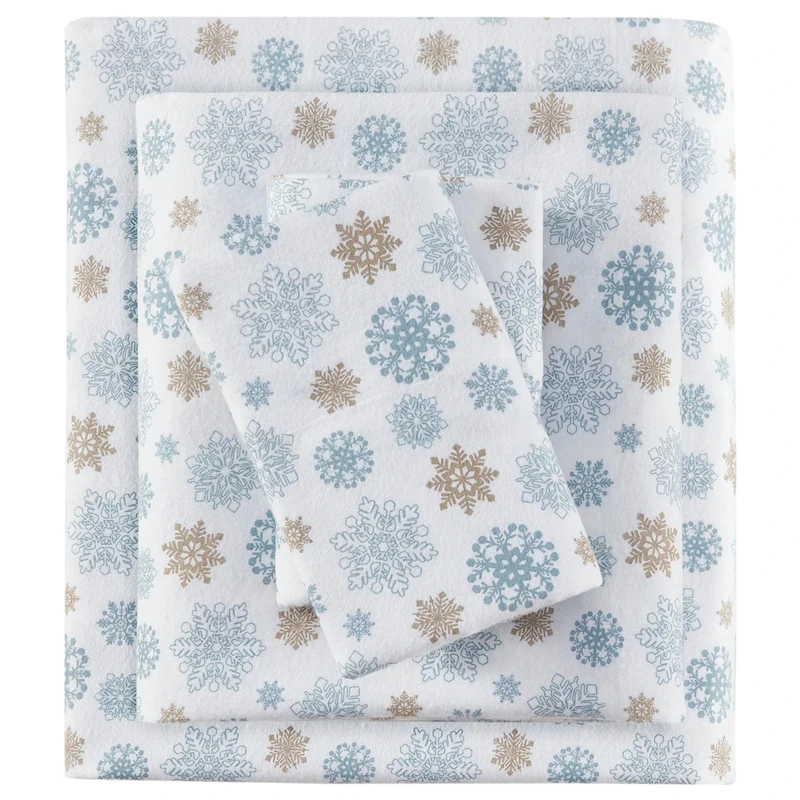 SLEEP PHILOSOPHY True North by Cozy Flannel Warm 100% Cotton Sheet - Novelty Print Animals Stars Cute Ultra Soft Cold Weather Bedding Set, Full, Tan/Blue Snowflakes 4 Piece