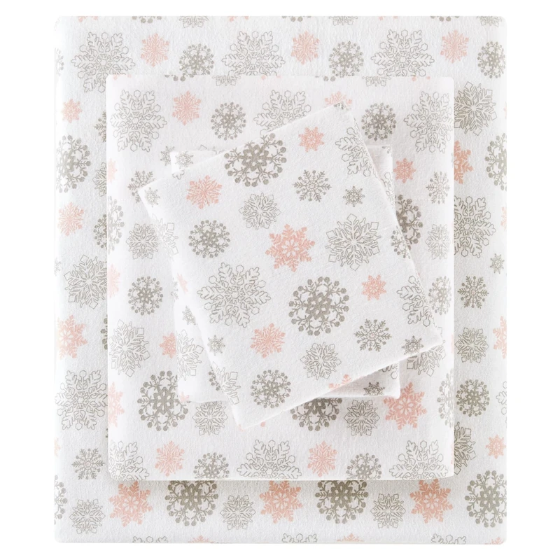 SLEEP PHILOSOPHY True North Cozy Flannel 100% Cotton Ultra Soft Cold Weather Sheet Set Bedding, Queen, Pink/Grey Snowflakes