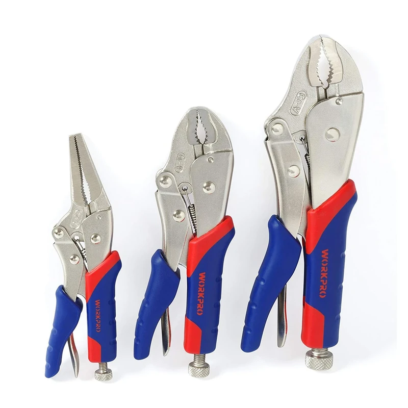 WORKPRO 3-Piece Locking Pliers Set, Cr-V Steel Mole Grips, Quick-Release & Self-Locking with Soft Handle, 250 mm & 180 mm Curved Jaw, 165 mm Straight Jaw