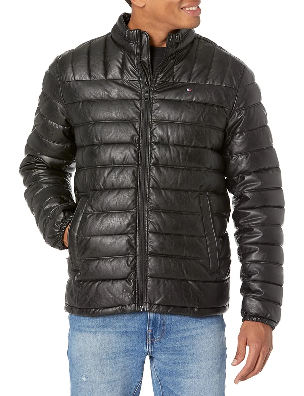 Tommy Hilfiger Men's Water Resistant Ultra Loft Down Alternative Puffer Jacket, Black Faux Leather, X-Large
