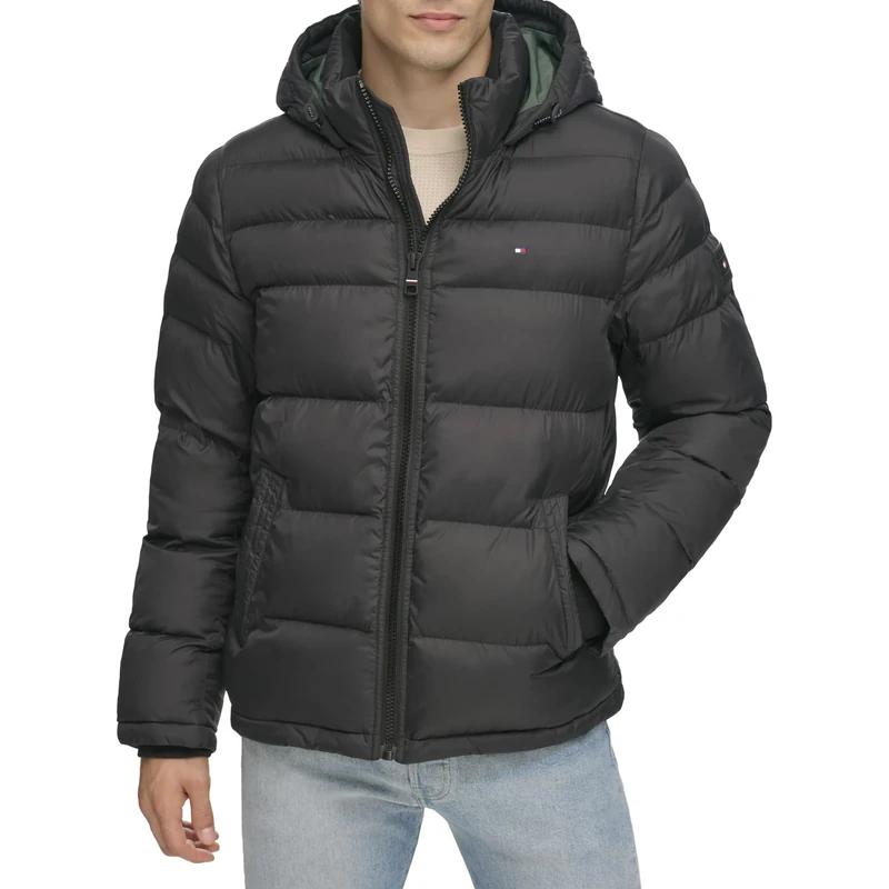Tommy Hilfiger Men's Hooded Puffer Jacket Down Alternative Outerwear Coat, Pearlized Black, XXL