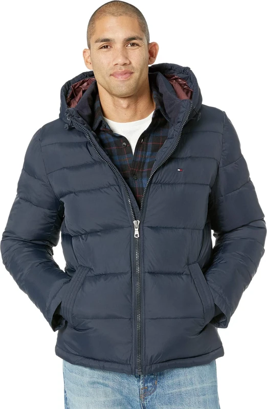 Tommy Hilfiger Men's Classic Hooded Puffer Jacket Down Alternative Outerwear Coat, Midnight, XL