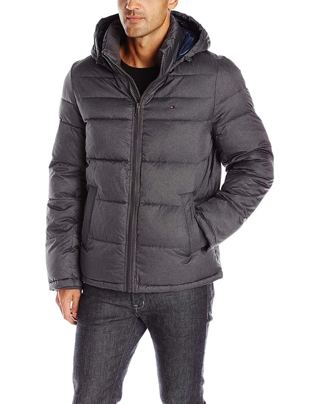 Tommy Hilfiger Men's Classic Hooded Puffer Jacket Down Alternative Outerwear Coat, Heather Charcoal, S