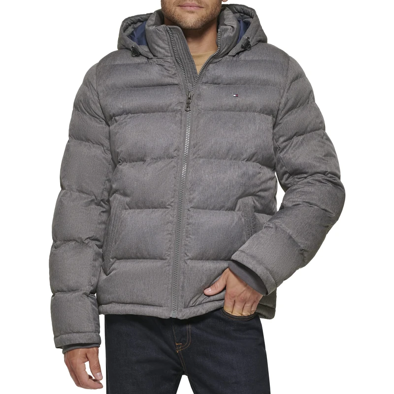 Tommy Hilfiger Men's Hooded Puffer Jacket, Heather Grey, XXL