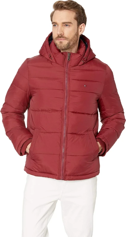 Tommy Hilfiger Men's Hooded Puffer Jacket经典连帽棉夹克후드 푸퍼 재킷chamarra Clásica Con Capucha (Estándar Y Grande Y Alto) מעיל עם ברדס מנופחkapuzenjacke Down Alternative Outerwear Coat, Pearlized Red, Large