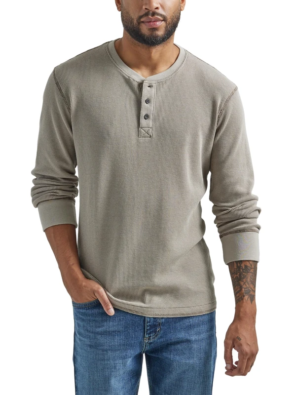 Wrangler Authentics Men's Long Sleeve Waffle Henley Shirt, Pumice Stone, 3XL