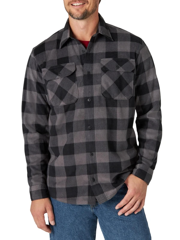 Wrangler Authentics Men's Long Sleeve Heavyweight Fleece Shirt, Gray Buffalo Plaid, 3XL