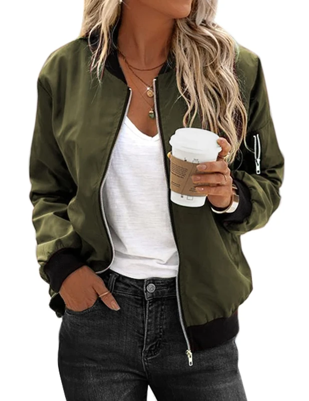 Zeagoo Women's Bomber Jacket Casual Coat Zip Up Outerwear Windbreaker with Pockets S-XXL, 01 Army Green, S