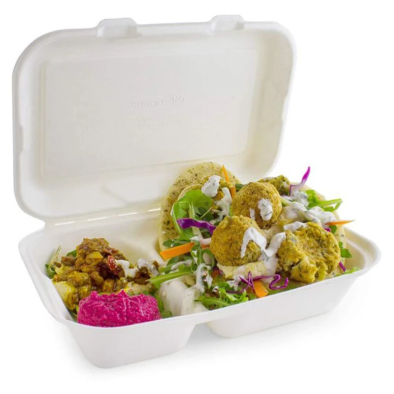 2 Compartment Clamshell Bagasse Takeaway Food Box 7inch Case 500