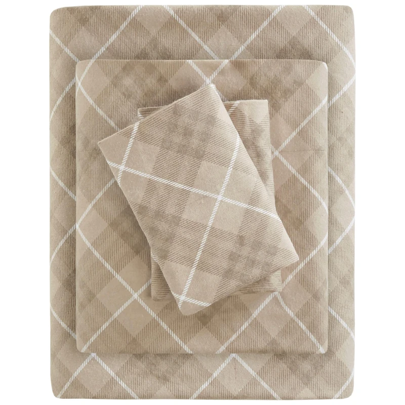 SLEEP PHILOSOPHY True North Cozy Flannel Warm 100% Cotton Sheet - Novelty Print Animals Stars Cute Ultra Soft Cold Weather Bedding Set, Queen, Tan Plaid 4 Piece