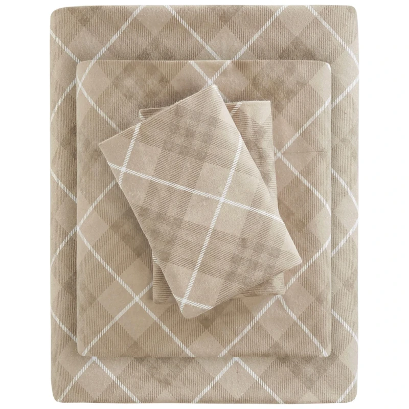 SLEEP PHILOSOPHY True North Cozy Flannel Warm 100% Cotton Sheet - Novelty Print Animals Stars Cute Ultra Soft Cold Weather Bedding Set, King, Tan Plaid 4 Piece