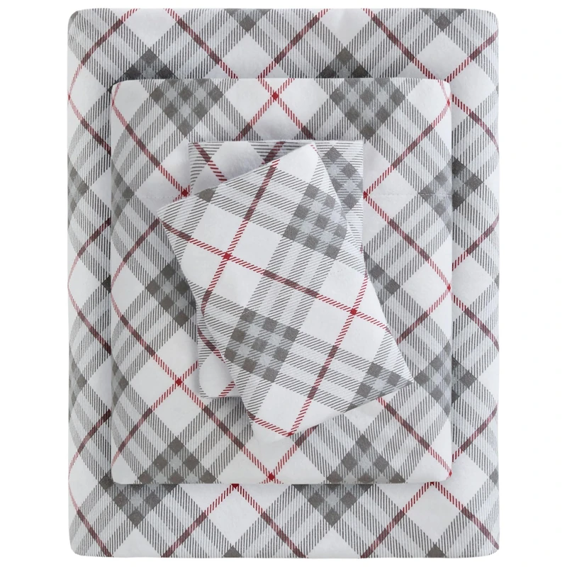 SLEEP PHILOSOPHY True North Cozy Flannel Warm 100% Cotton Sheet - Novelty Print Animals Stars Cute Ultra Soft Cold Weather Bedding Set, Queen, Red Plaid 4 Piece