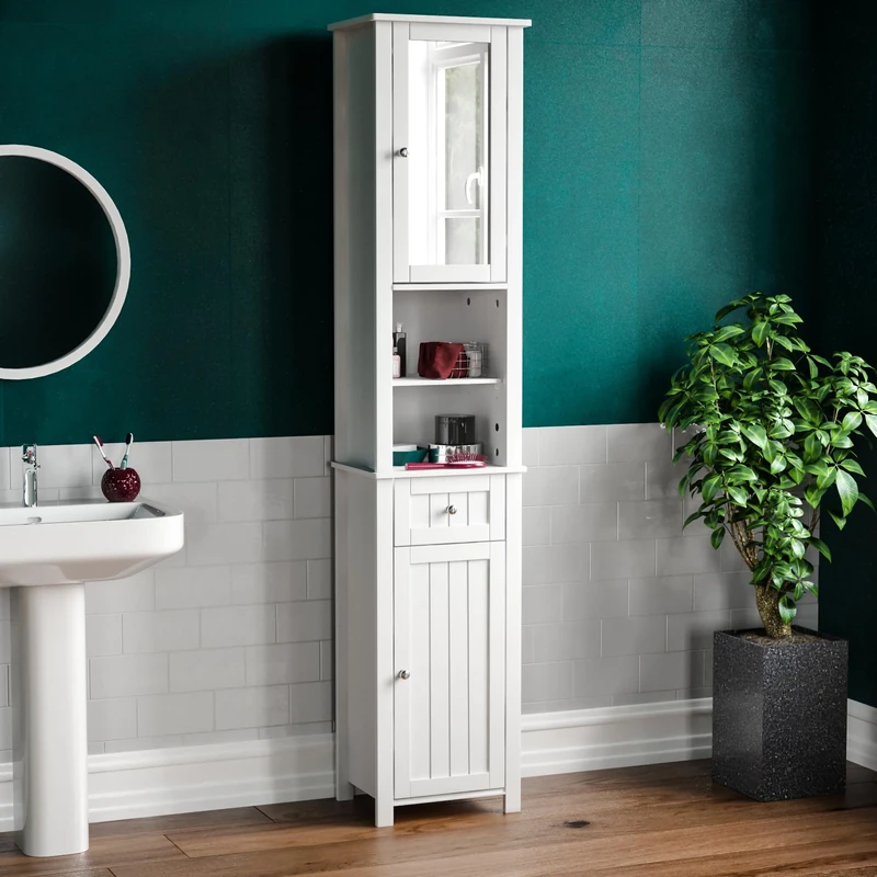 Bath Vida Priano Tall Mirrored Bathroom Cabinet Storage Cupboard Floor Standing Tallboy Unit, White