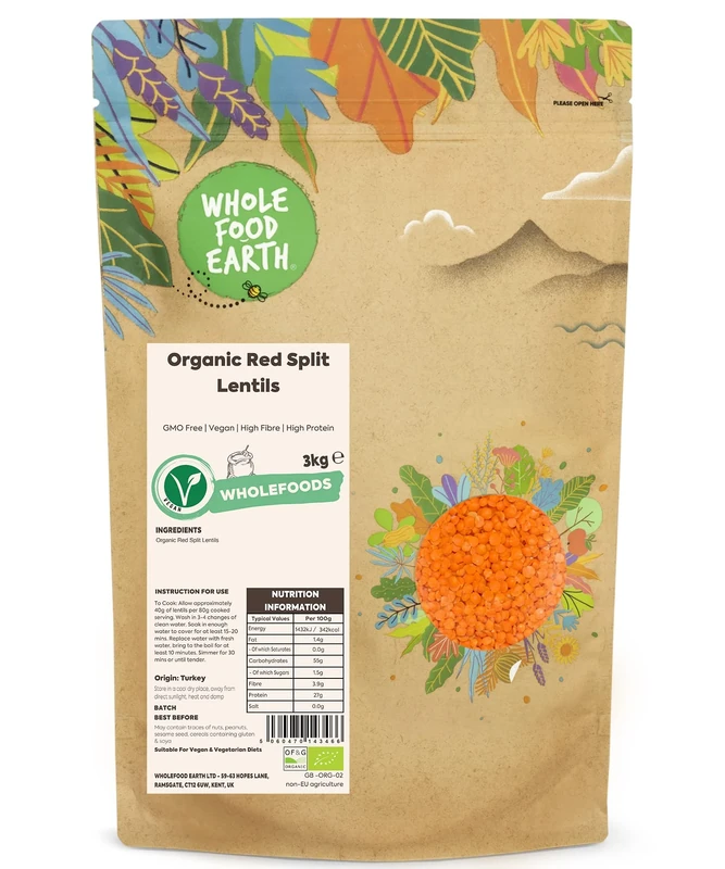 Wholefood Earth Organic Red Split Lentils 3kg GMO Free | Vegan | High Fibre | High Protein | Certified Organic